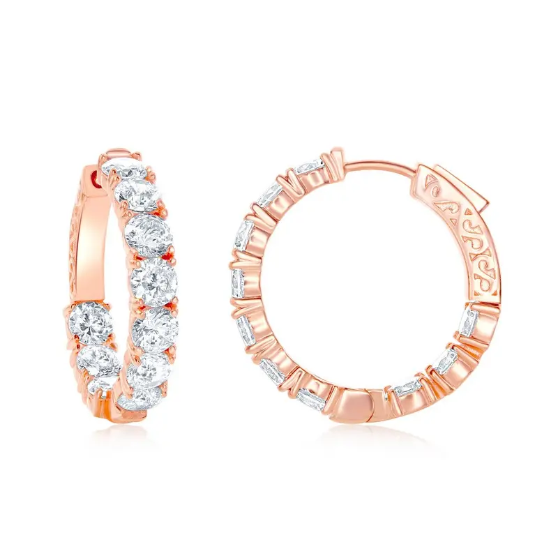 Sterling Silver, Inside-Outside 5x29mm CZ Hoop Earrings - Rose Gold Plated