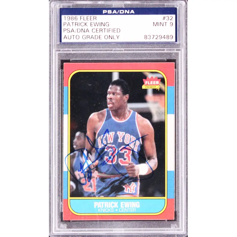 Knicks Patrick Ewing Signed 1986 Fleer RC #32 Card Auto Grade Mint 9! PSA Slab 1