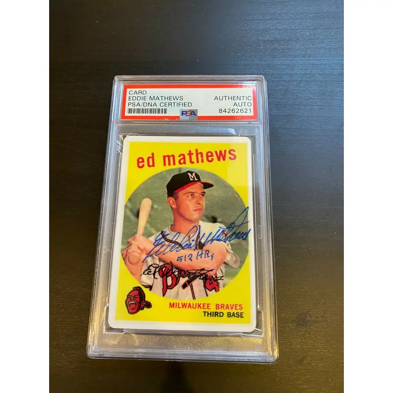 1959 Topps Eddie Mathews RC Signed Porcelain Baseball Card PSA DNA "512 HR's"