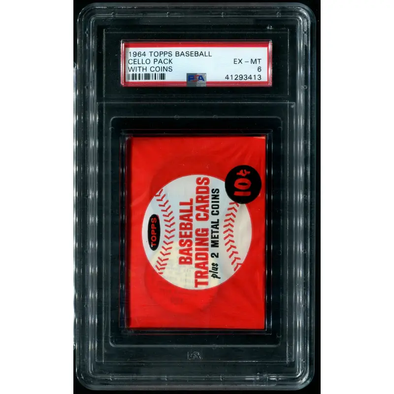 1964 Topps Baseball Unopened Cello Pack PSA 6 (w/ Coins)