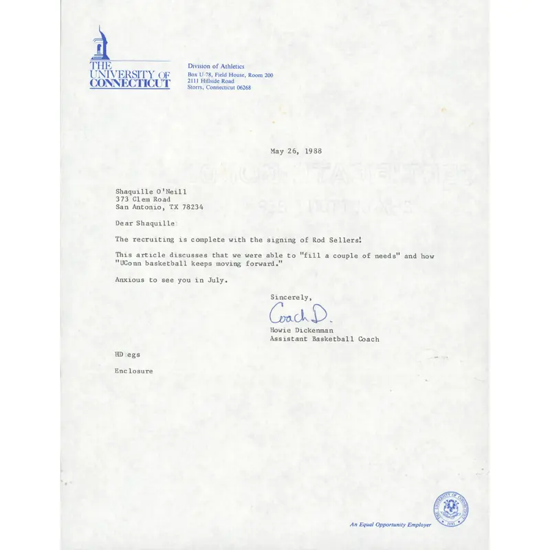 1988 University of Connecticut Shaquille O'Neal Recruitment Letter