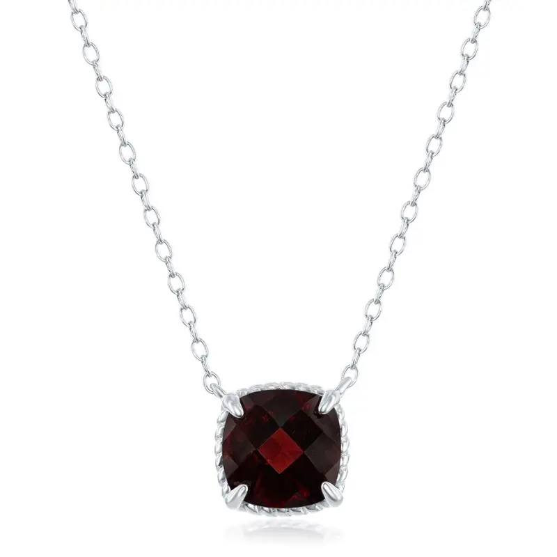 Sterling Silver Four-Prong Square Gem Necklace - Garnet