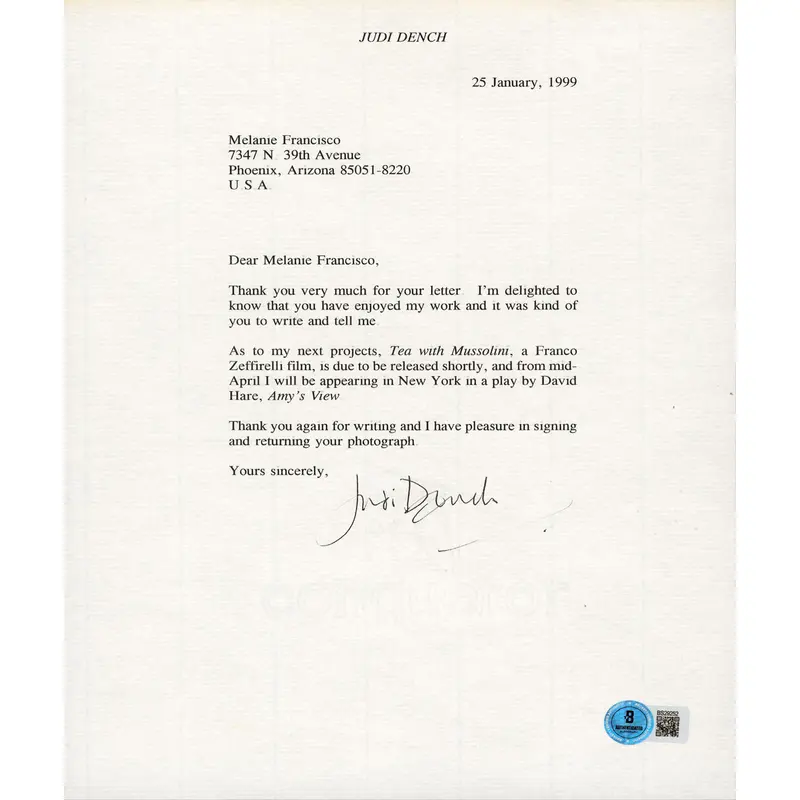 Judi Dench James Bond 007 Authentic Signed 8.5x11 Letter BAS #BS29252