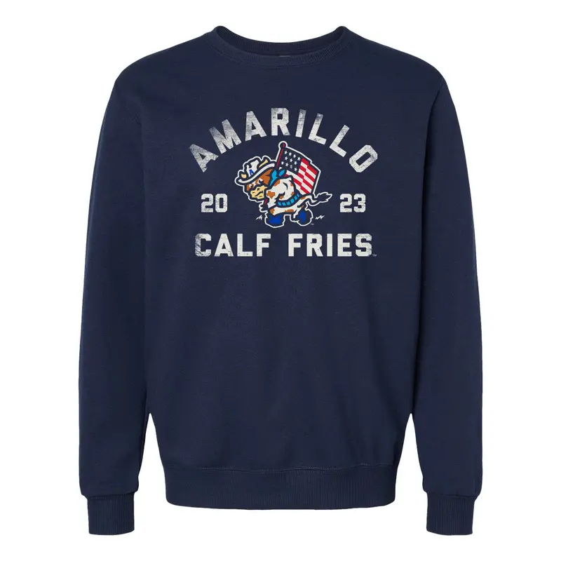 Amarillo Sod Poodles Calf Fries Navy Waving Flag Crewneck