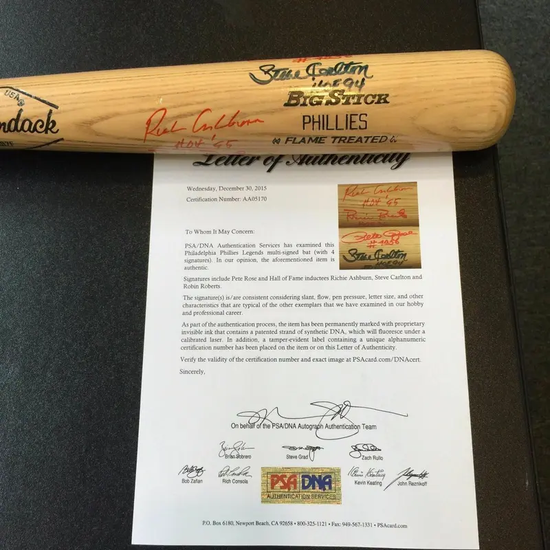 Richie Ashburn HOF 1995 Steve Carlton Pete Rose Robin Roberts Signed Bat PSA DNA