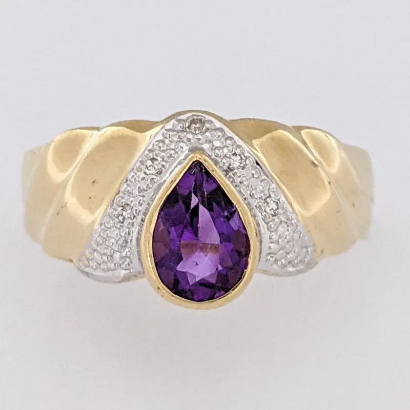 14K AMETHYST PEAR 5X7 BEZEL WITH MELEE ESTATE RING 2.8 GRAMS