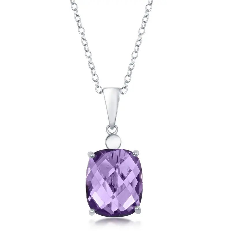 Sterling Silver Four-Prong Checkered 5.7cttw Gem Necklace - Amethyst