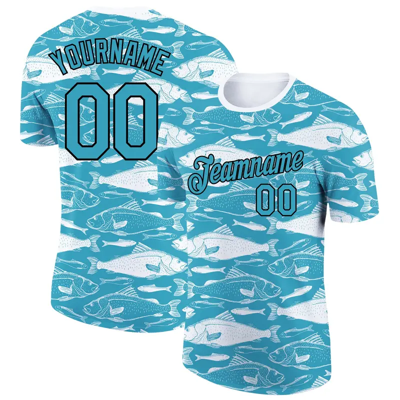 Custom Panther Blue Black-White 3D Pattern Design Fish Performance T-Shirt