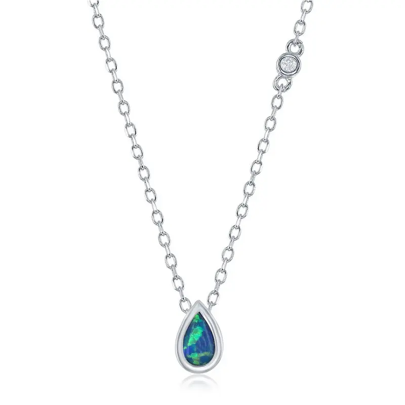Sterling Silver Blue Inlay Opal Teardrop with Single Bezel-set CZ Necklace