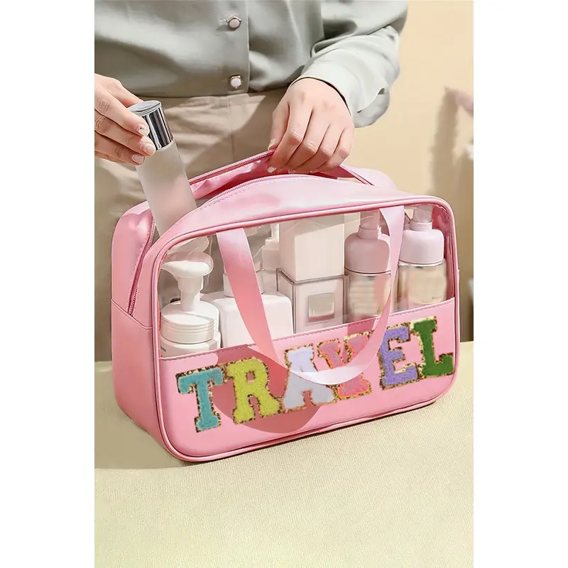 Light Pink TRAVEL Chenille Letter Clear PVC Makeup Bag