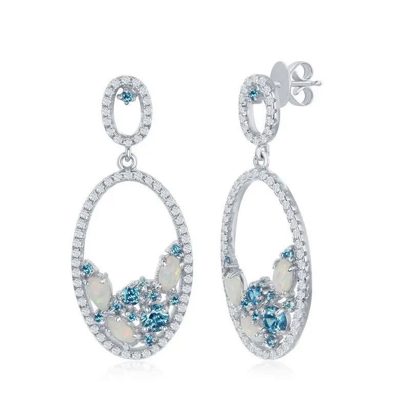 Sterling Silver Double Oval White Opal with Blue & White CZ Earrings