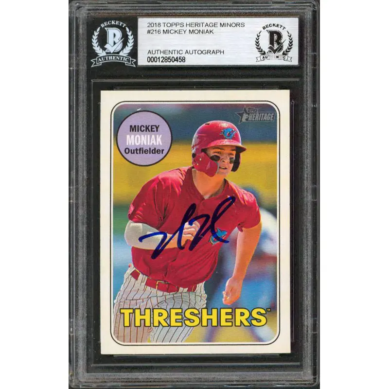 Phillies Mickey Moniak Signed 2018 Topps Heritage Minors #216 RC BAS Slabbed