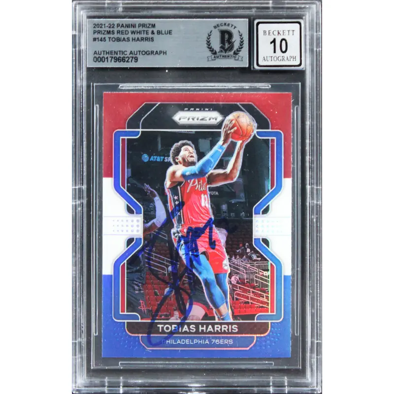 76ers Tobias Harris Signed 2021 Panini Prizm RWB #145 Card Auto 10! BAS Slabbed