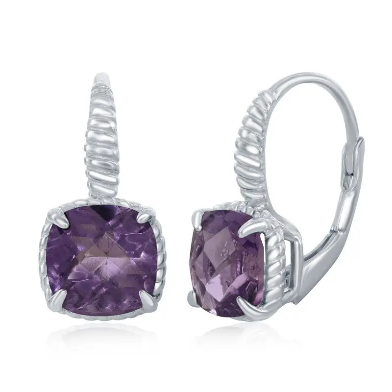 Sterling Silver Four-Prong Square Gem Earring - Amethyst