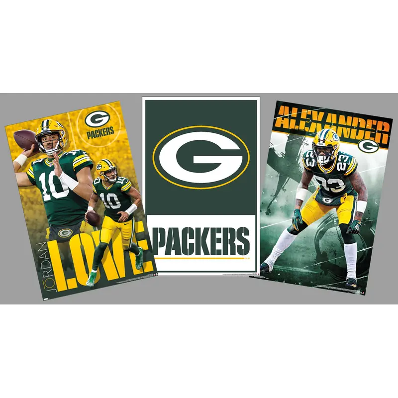 COMBO: Green Bay Packers 3-Poster ACTION Combo (Jordan Love, Alexander, Logo Posters)