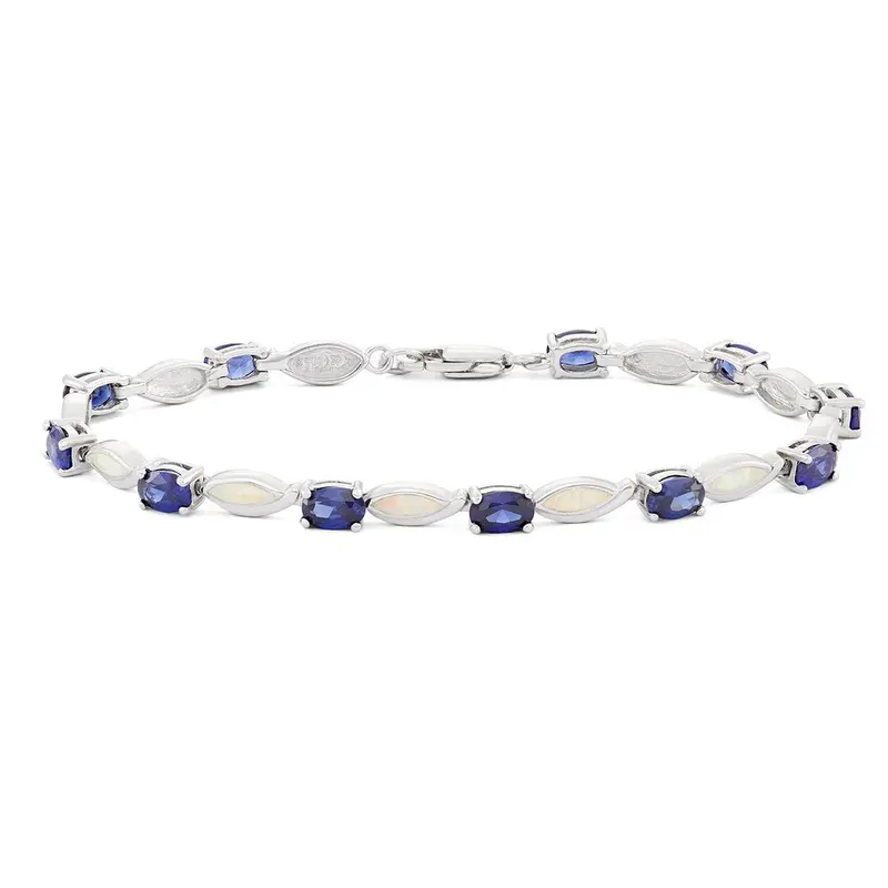 Sterling Silver Oval Tanzanite CZ and White Inlay Opal Marquise Bracalet