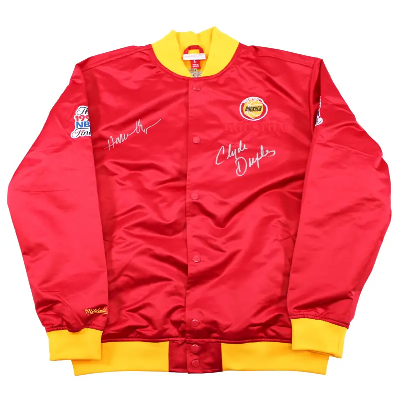Rockets Hakeem Olajuwon & Clyde Drexler Signed Red M&N Bomber Jacket BAS Witness