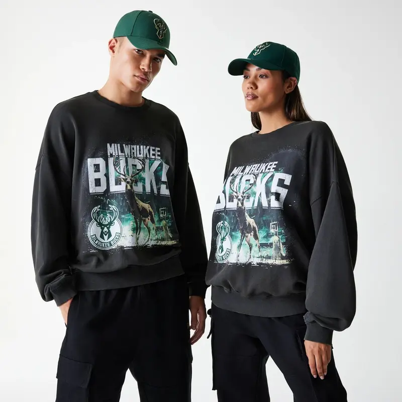 Milwaukee Bucks NBA Washed Graphic Grey Oversized Crew Neck Sweater