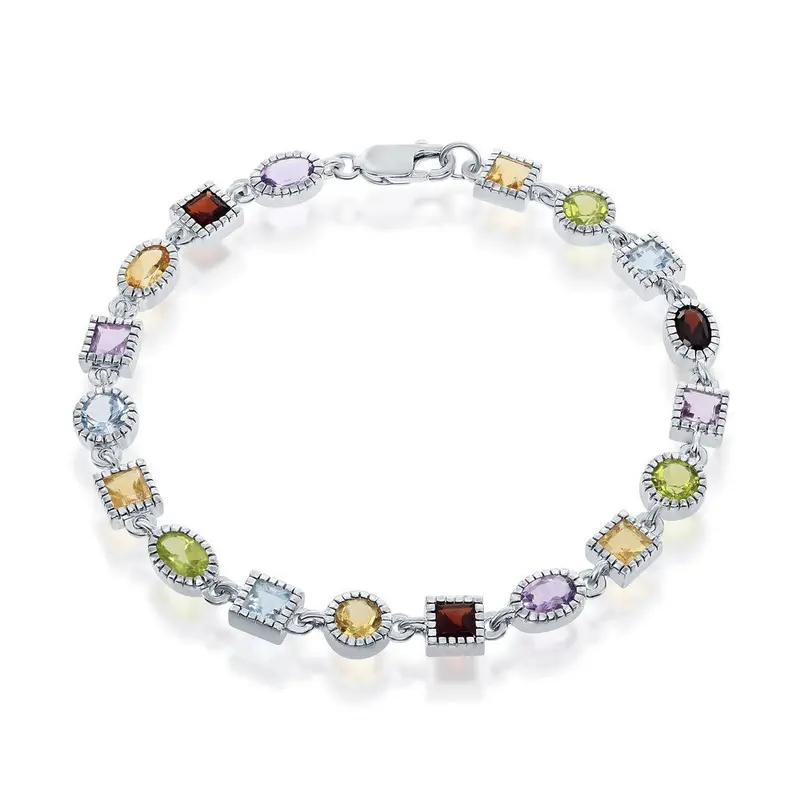 Sterling Silver Oval & Square Gem Bracelet - Multi-Gem