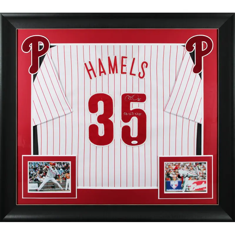 Cole Hamels "08 WS MVP" Signed White Pinstripe Pro Style Framed Jersey JSA Wit