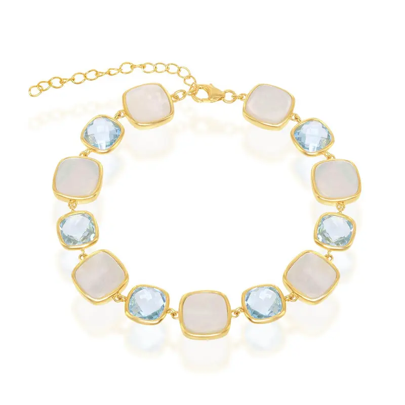 Sterling Silver Alternating Square Blue Topaz & Mother of Pearl Bracelet - Gold Plated