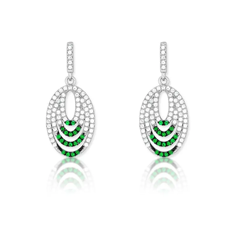 Sterling Silver Clear and Green CZ Micro Pave Multi Oval Earrings