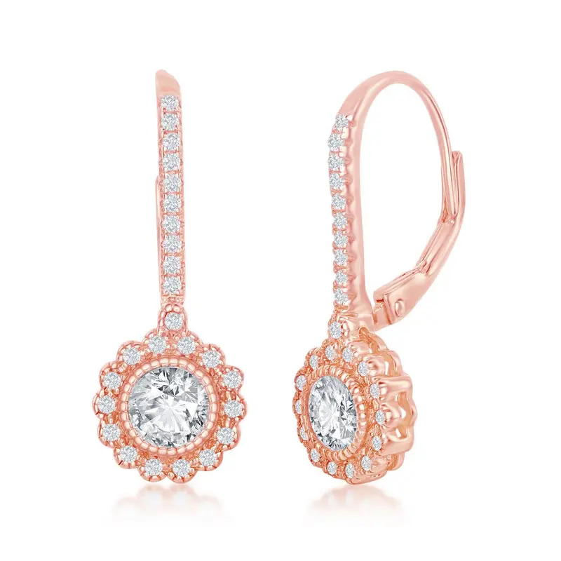Sterling Silver, CZ Flower Design Dangling Earrings - Rose Gold Plated