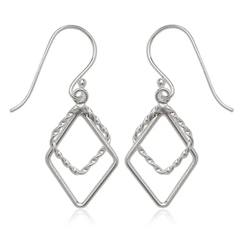 Sterling Silver Double Open Rope and Shiny Diamond Shaped Earrings