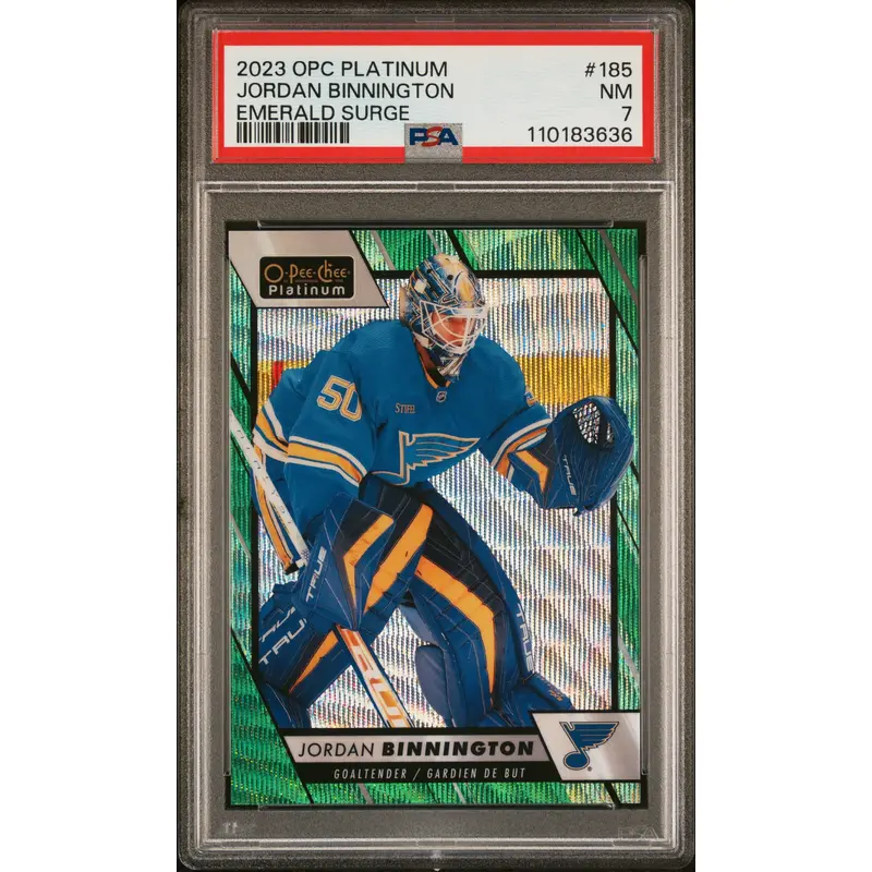 Jordan Binnington 2023 OPC Platinum Emerald Surge #8/10 PSA 7 Near Mint