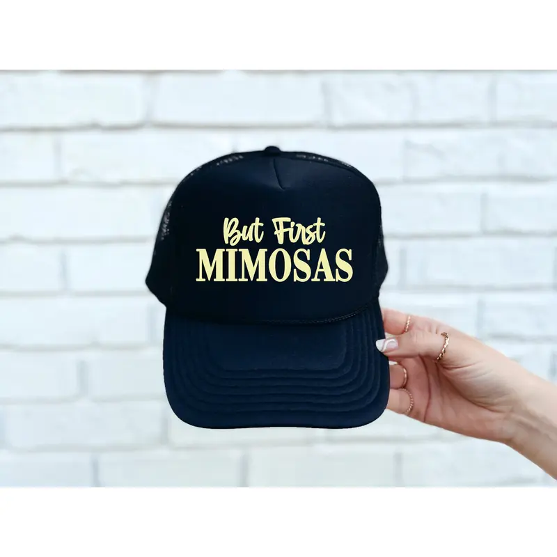 But First Mimosas DTF Printed Black Trucker Hat