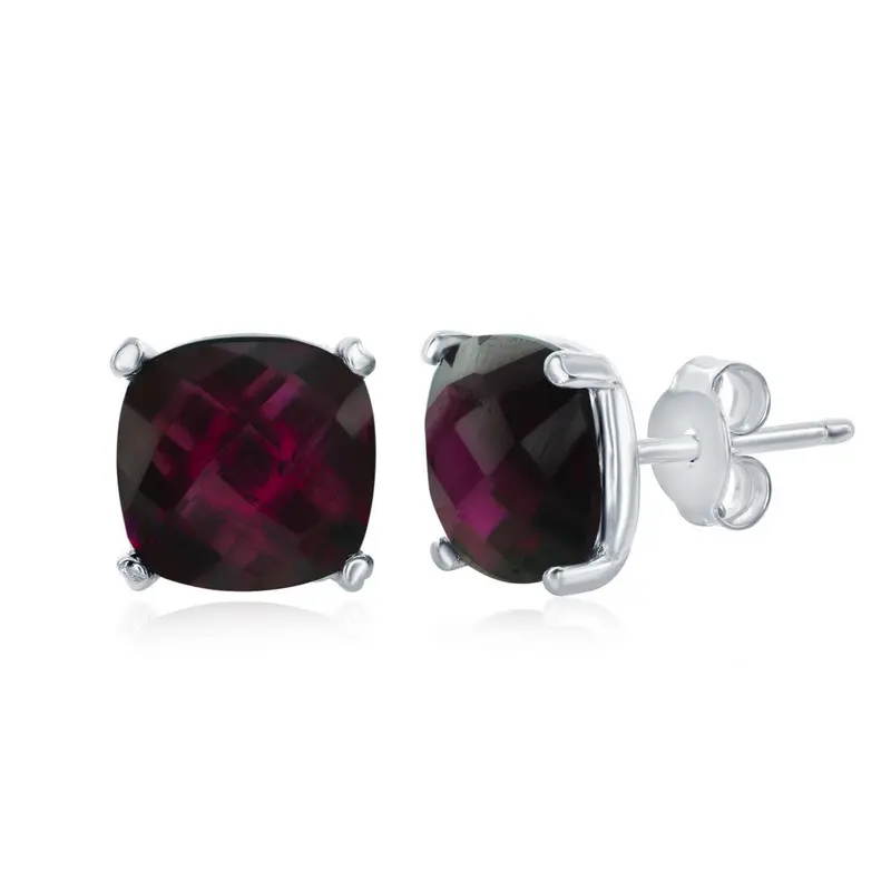 Sterling Silver 'October Birthstone' Square Stud Earrings - Rhodolite