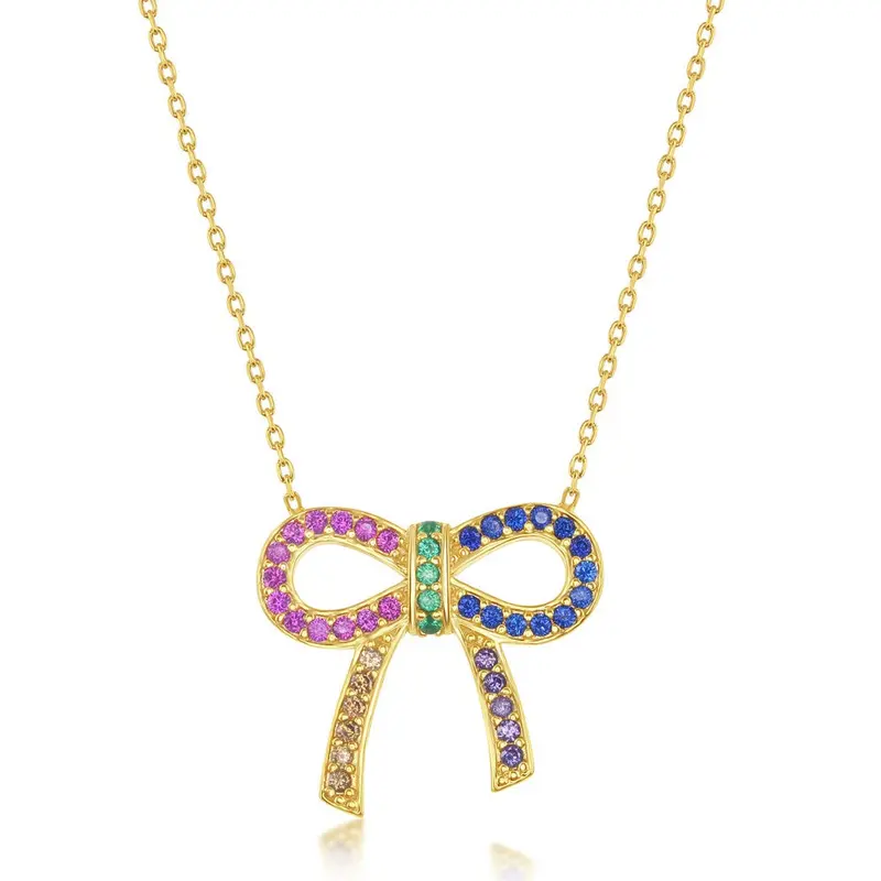 Sterling Silver Rainbow CZ Bowknot Necklace - Gold Plated