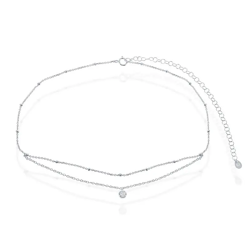 Sterling Silver Double Strand Small Beads by the Yard w/ Center Bezel-Set CZ Choker