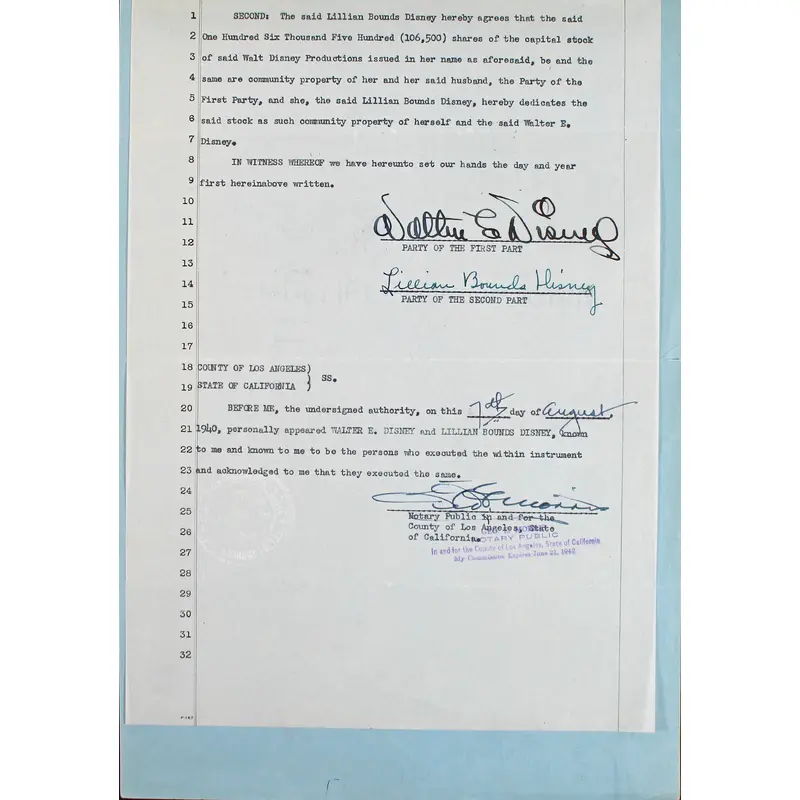 Walt Disney & Lillian Disney Signed 2 Page 8.5x13 1940 Contract BAS #A57638