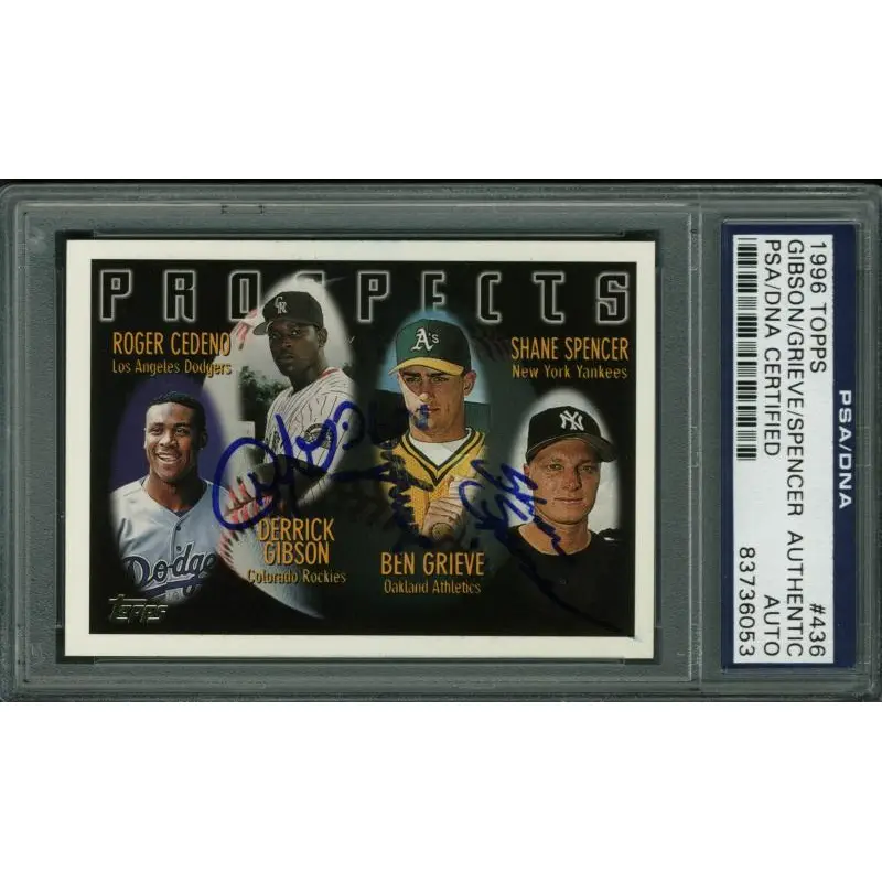 Shane Spencer, Ben Grieve & Gibson Signed Card 1996 Topps #436 PSA/DNA Slabbed