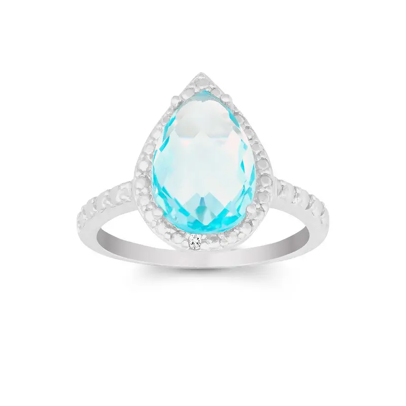 Sterling Silver Diamond with Gem Large Teardrop Ring - Blue Topaz