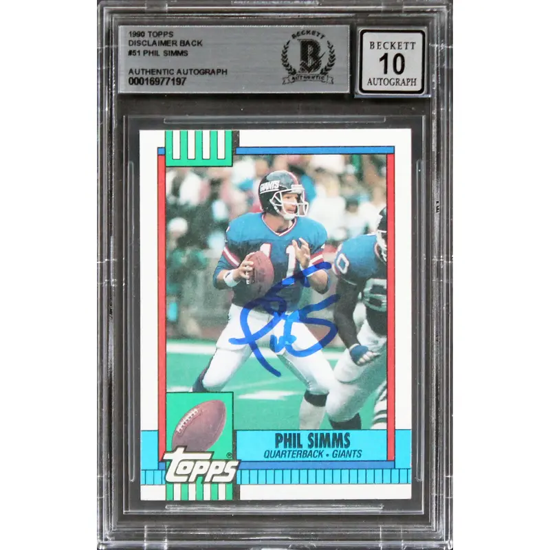 Giants Phil Simms Signed 1990 Topps Disclaimer Back #51 Card Auto 10 BAS Slabbed