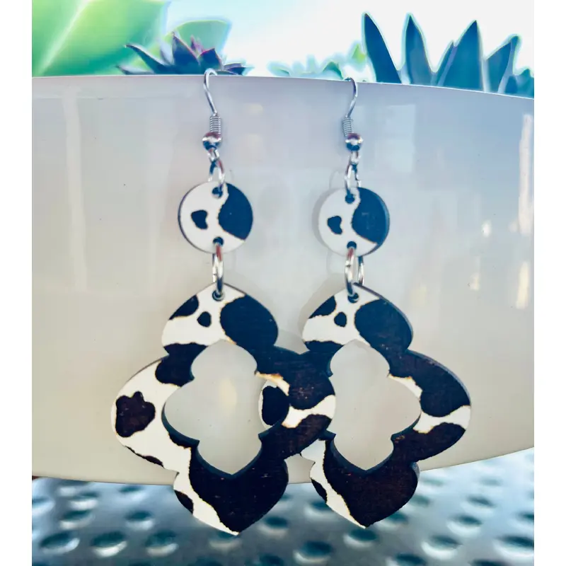 Brown Cow Print Moroccan Wood Earrings