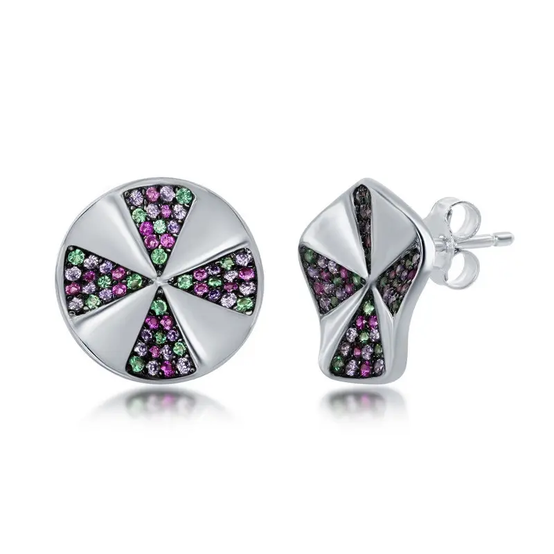 Sterling Silver Rainbow CZ Designed Disc Stud Earrings