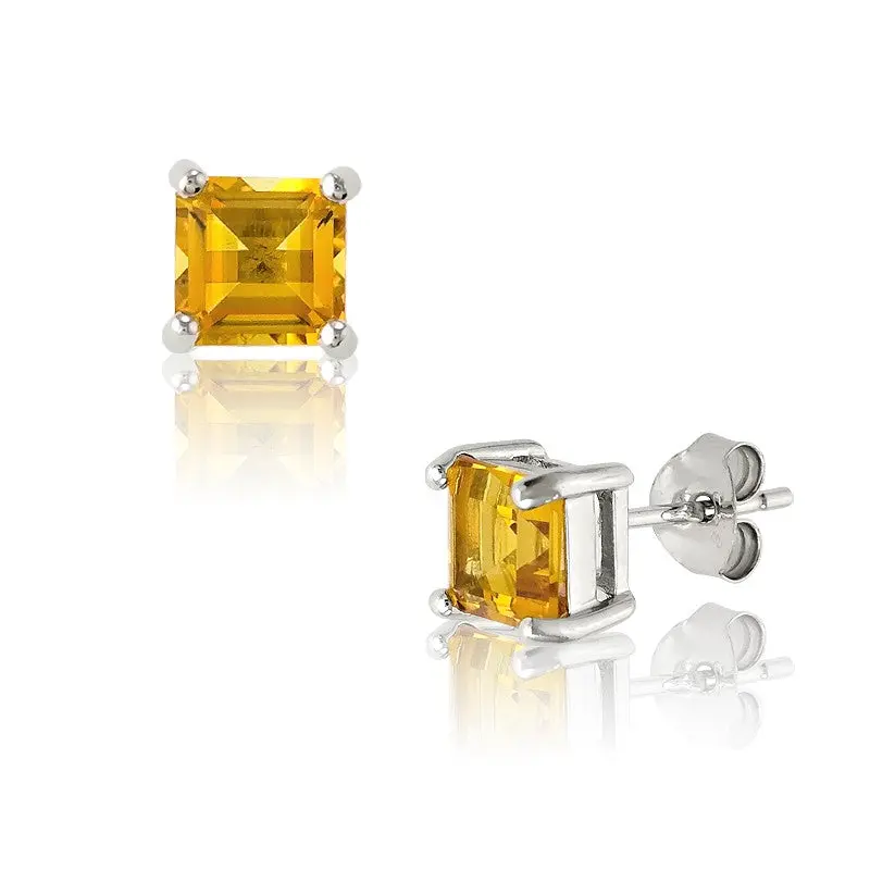 Sterling Silver 6mm Square Gem Studs -  Citrine