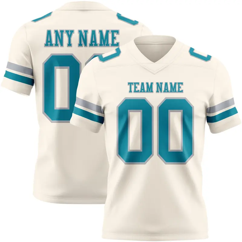 Custom Cream Teal-Gray Mesh Authentic Football Jersey