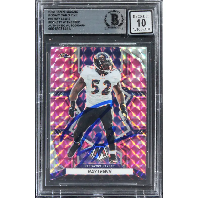 Ravens Ray Lewis Signed 2022 Panini Mosaic Camo Pink #19 Card Auto 10! BAS Slab