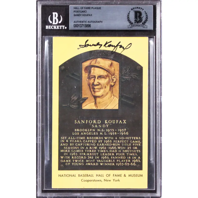 Dodgers Sandy Koufax Authentic Signed Hall of Fame Plaque Postcard BAS Slabbed
