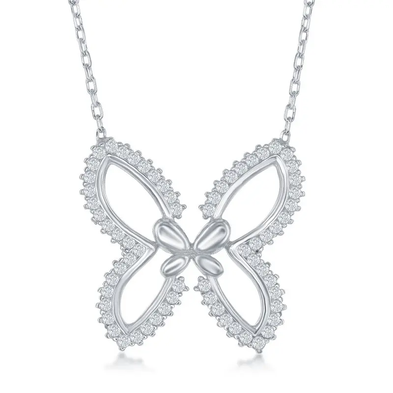 Sterling Silver  Open Butterfly with CZ Border Necklace