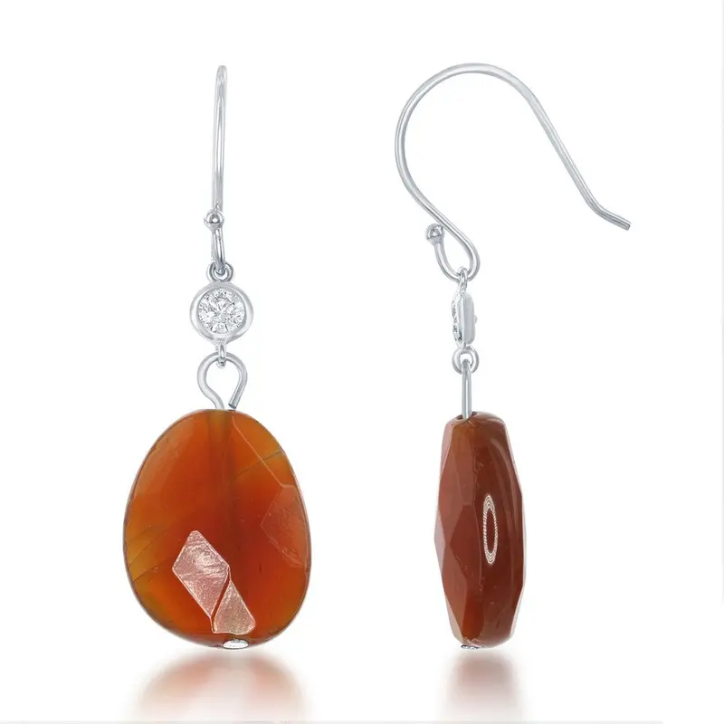 Sterling Silver Small CZ with Red Carnelian Earrings