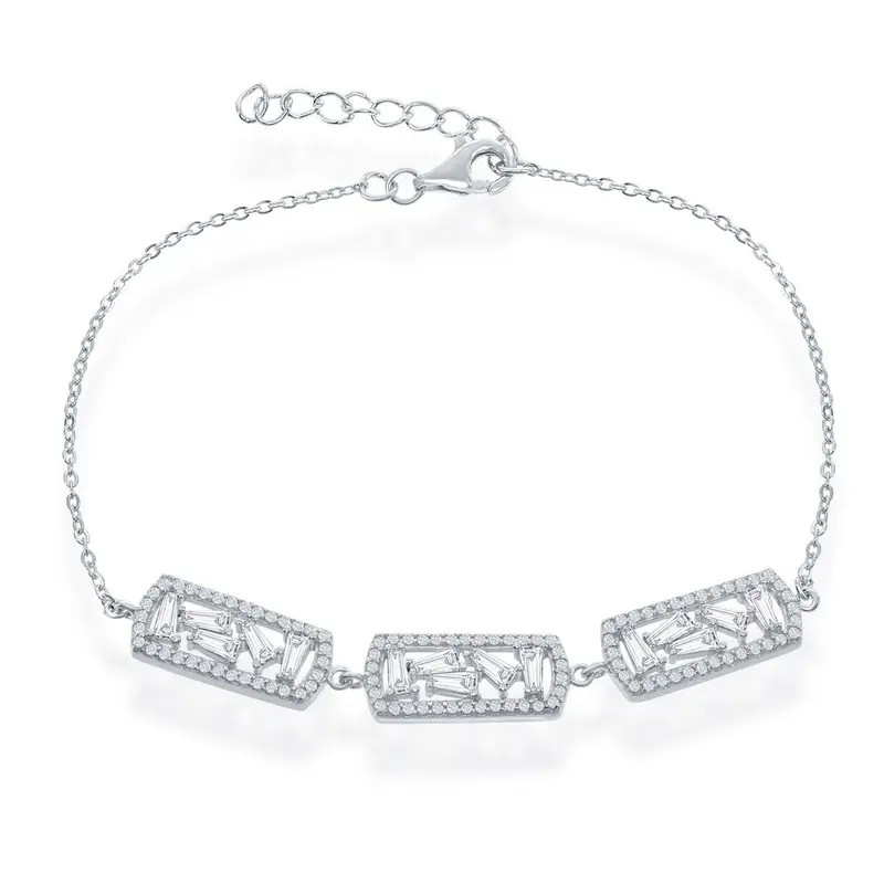 Sterling Silver 7+1" Triple Rectangle with Center Baguettes & CZ Border Bracelet