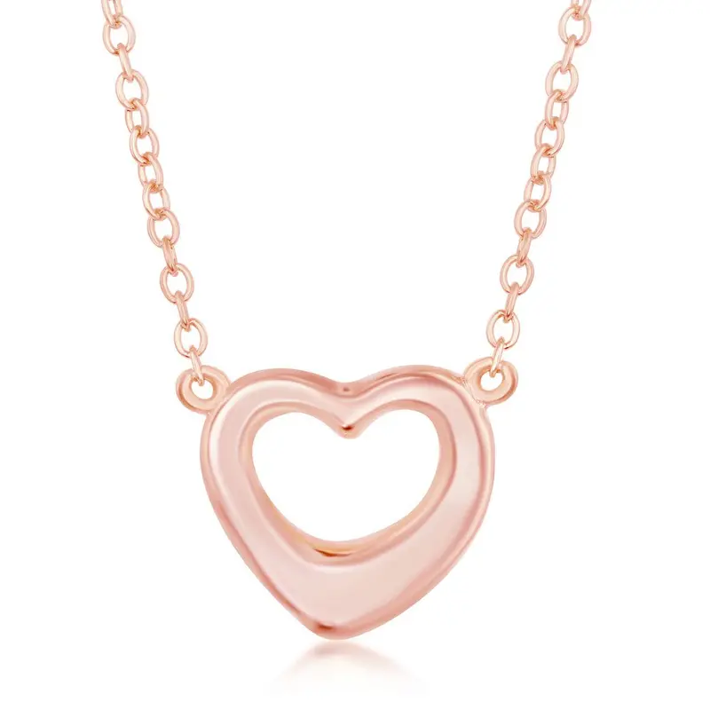 Sterling Silver Puffed Open Heart Necklace - Rose Gold Plated