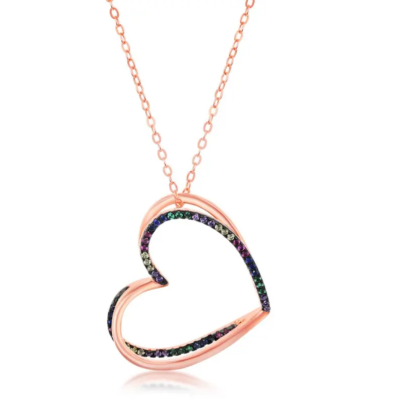 Sterling Silver, Rose Gold Plated, 3D Heart Necklace - Rainbow CZ