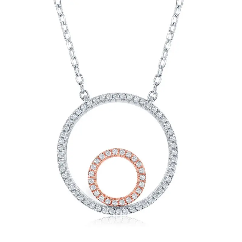 Sterling Silver Two-Tone Double Open Circle with CZ Border Necklace