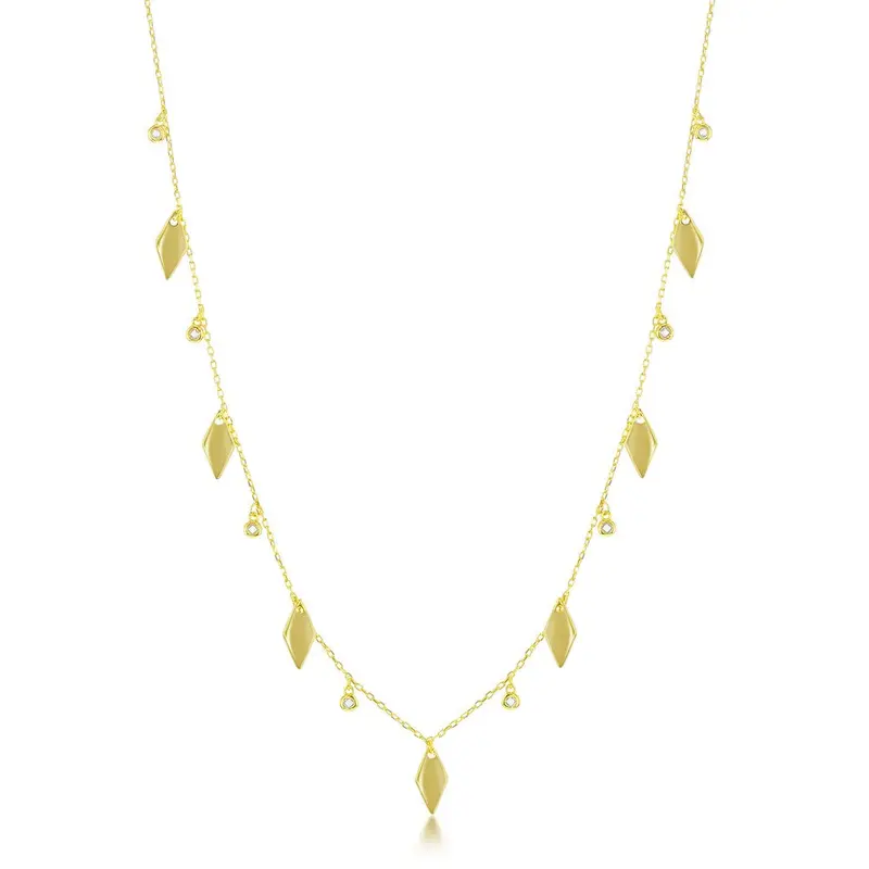 Sterling Silver CZ & Diamond-Shaped Charm Necklace - Gold Plated